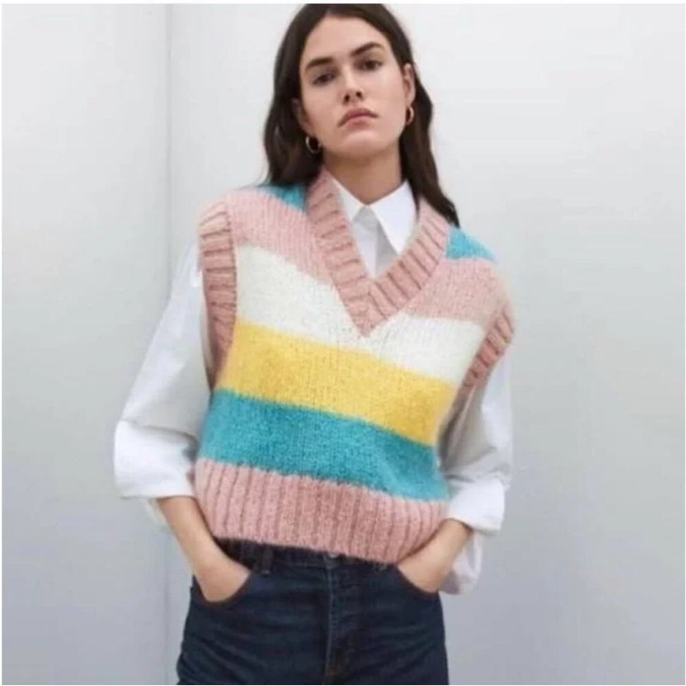 Zara Pastel Striped Color block V-Neck Sweater Vest Wool Alpaca Blend Small